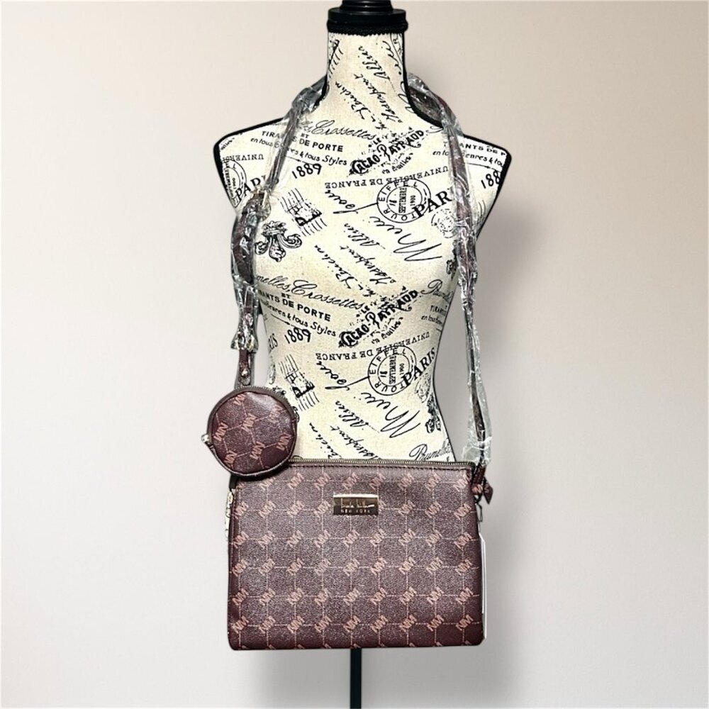 New Nicole Miller‎ New York Brown Monogram Crossbody Bag Coin Purse Minimal Luxe